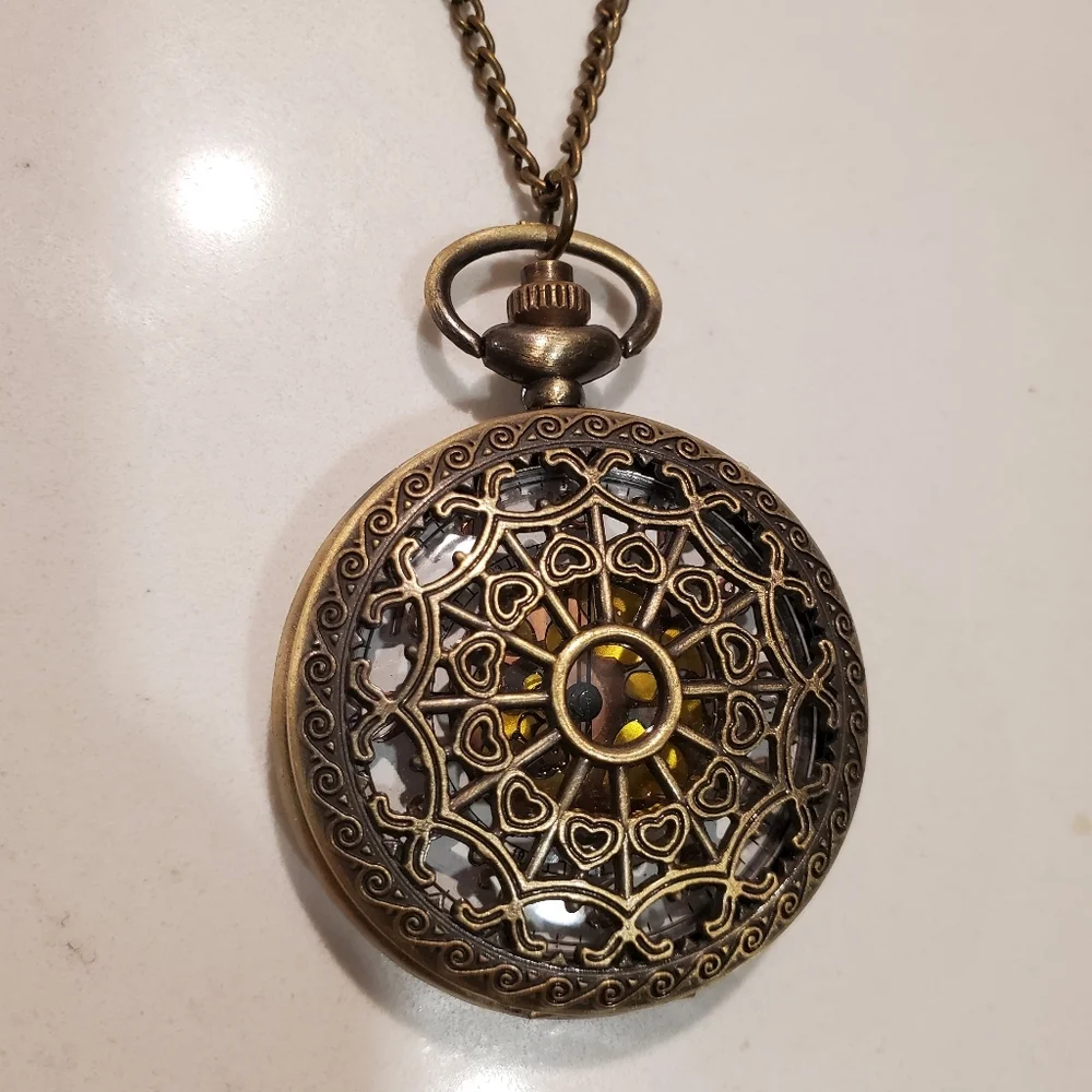Vintage Clock Pendant Long Necklace Neutral Preppy Casual Steampunk Classic Boho - Picture 2 of 5